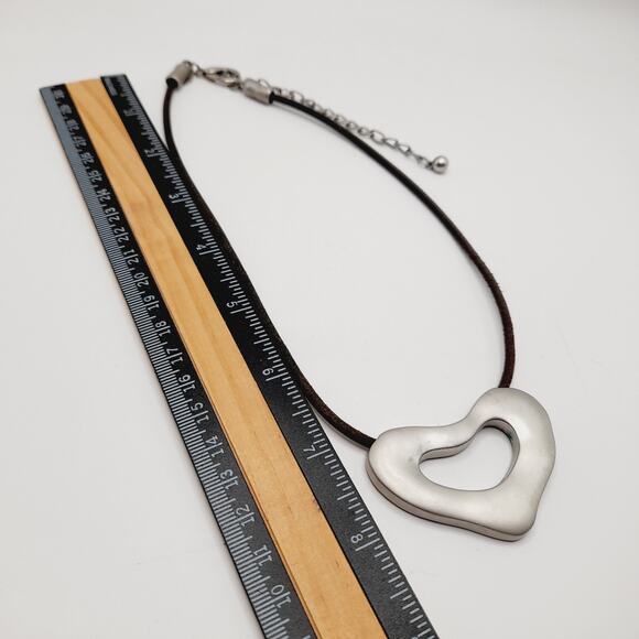 Chico’s Silver Tone Open Heart Pendant Necklace on Leather Cord, 21 Inches - Picture 6 of 8